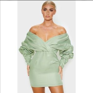 SAGE GREEN OFF THE SHOULDER RUCHED BODYCON DRESS